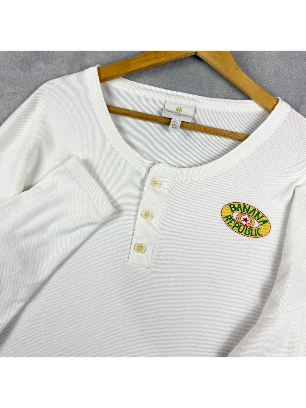 Banana Republic Archives Men LTall White Henley Shirt Logo Heritage Retro Safari